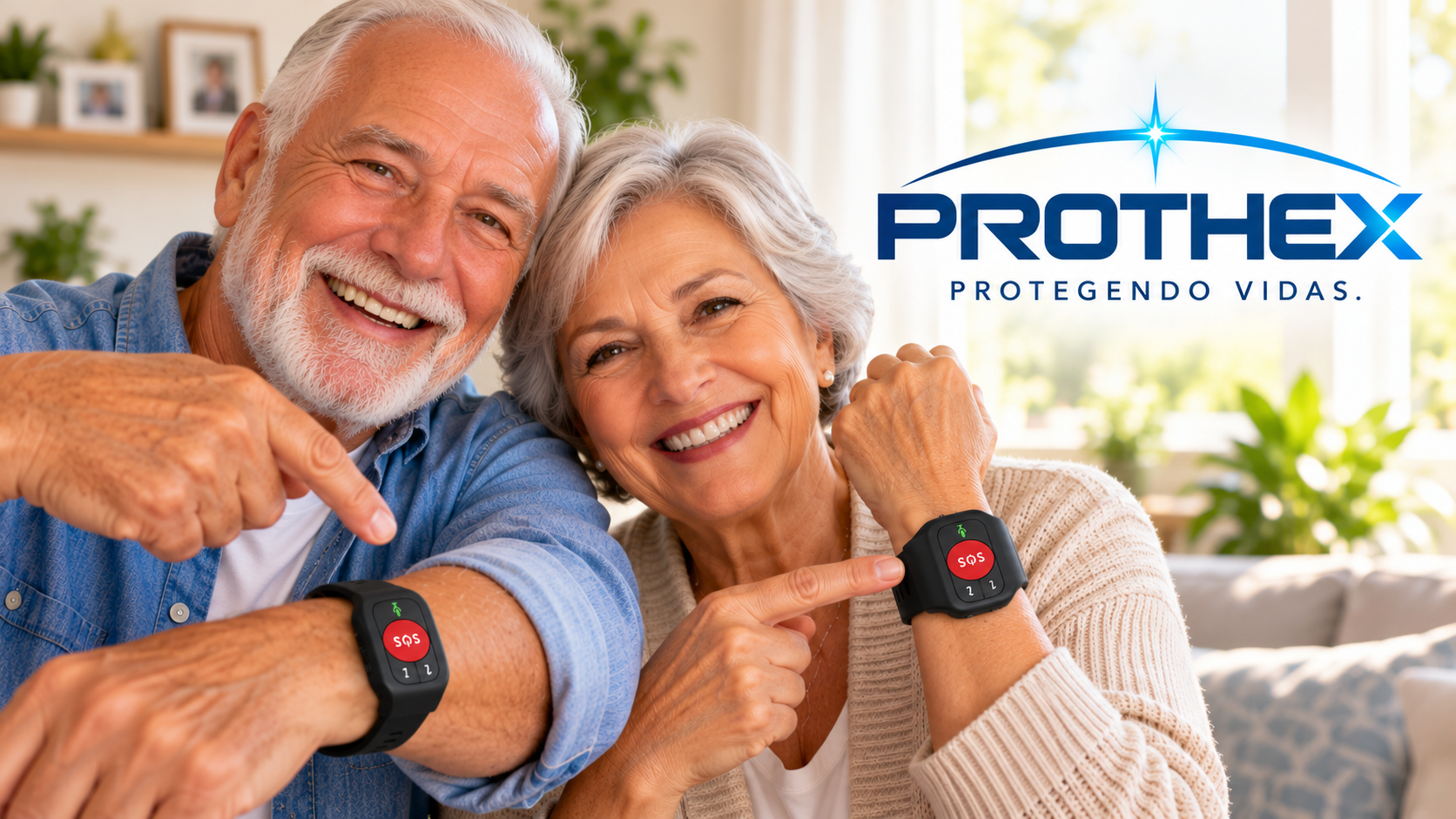 Casal de idosos sorrindo e mostrando suas pulseiras com botão SOS, ao lado da marca PROTHEX — Protegendo vidas.